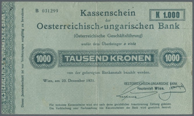 Austria: 1000 Kronen 1921 P. 37, very rare issue, folded in center and horizonta...