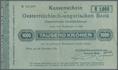 Austria: 1000 Kronen 1921 P. 37, very rare issue, folded in center and horizontally, center fold a bit stronger, stains on back, small border tear (3m...