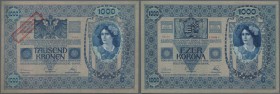 Austria: 1000 Kronen 1920 P. 48 stamped on 1000 Kronen 1902, no folds, a slight crease at uppper left, a corner dint at lower right and lower left, cr...