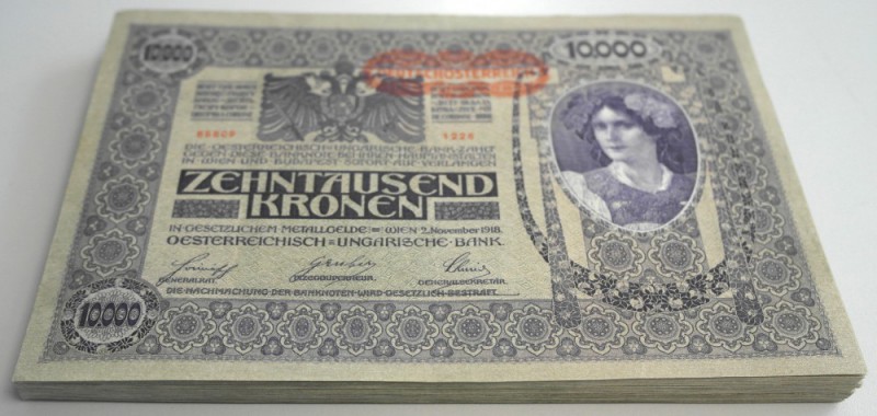 Austria: Bundle with 100 Banknotes 10.000 Kronen 1918, P.65 in excellent conditi...