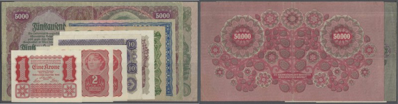 Austria: set of 9 different banknotes containing 1 Krone 1922 P. 73 (UNC), 2 Kro...