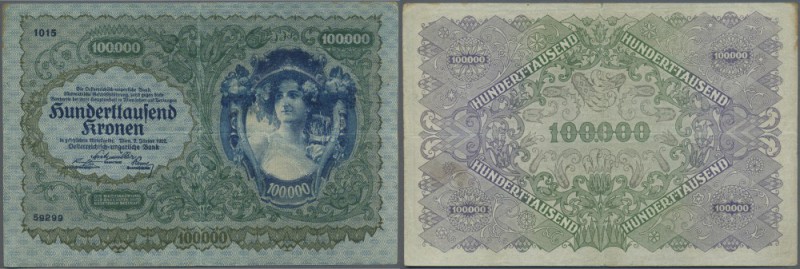 Austria: 100.000 Kronen 1922 P. 81, center and horizontal fold, light creases at...