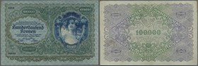Austria: 100.000 Kronen 1922 P. 81, center and horizontal fold, light creases at borders, handling in paper, still strong paper and original colors, c...