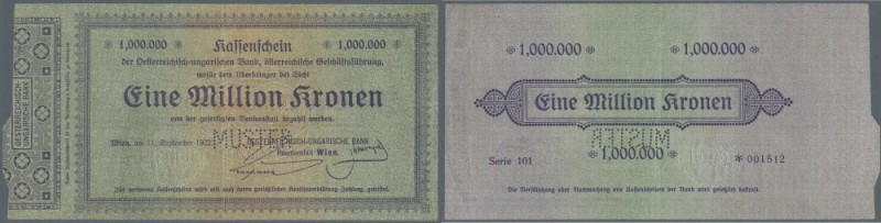 Austria: 1.000.000 Kronen 1922 P. 82s with ”Muster” perforation at center, highl...