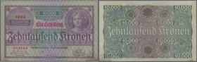 Austria: set of 2 different notes containing 10.000 Kronen 1924 P. 85 (UNC) and 1 Schilling on 10.000 Kronen P. 87 (XF+), nice set. (2 pcs)