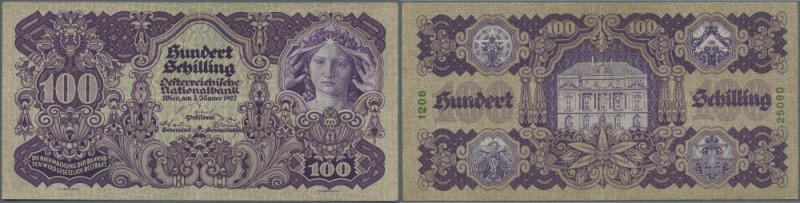 Austria: 100 Schilling 1927 P. 97, vertical and horizontal fold, 2 pinholes, sti...