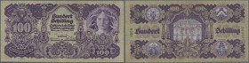 Austria: 100 Schilling 1927 P. 97, vertical and horizontal fold, 2 pinholes, still crispness in paper, bright colors, condition: VF-.