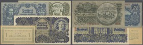 Austria: set of 4 different banknotes containing 1 Reichsmark ND(1945) P. 113 (F+), 20 Schilling 1945 P. 116 (aUNC), 50 Schilling 1945 P. 117 (F+) and...