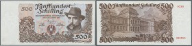 Austria: 500 Schilling 1953 P. 134a, light vertical folds, 2 very tiny pinholes but no tears, still clean paper and original colors, condition: VF+.