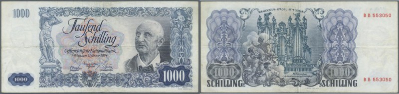 Austria: 1000 Schilling 1954 P. 135a, used with several folds, lightly stained p...