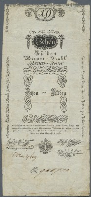 Austria: 10 Gulden 1796 P. A23a, rare issued note, upper border a bit worn, hori...