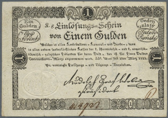 Austria: 1 Gulden 1811 P. A44a, 3 vertical and one horizontal fold, tiny center ...