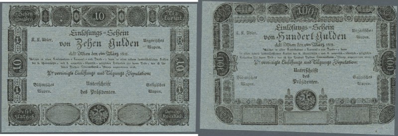 Austria: 10 Gulden / 100 Gulden 1811 FORMULAR P. A47b, A49b, the face of the 10 ...