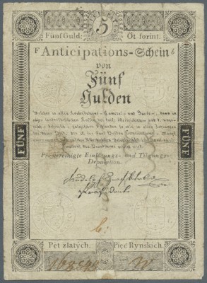 Austria: 5 Gulden 1813 P. A51a, very rare issue, used with several folds, stonge...