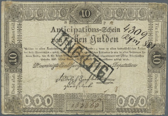 Austria: 10 Gulden 1813 P. A52a, highly rare issue, overstamped ”ungültig” (not ...