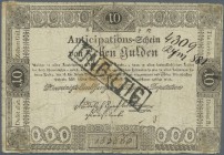 Austria: 10 Gulden 1813 P. A52a, highly rare issue, overstamped ”ungültig” (not valid), stronger worn note, large taped tear accross the note, still a...
