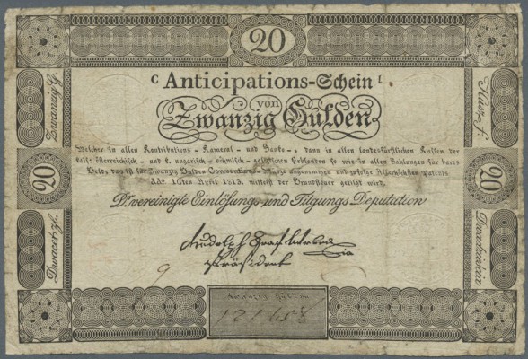 Austria: 20 Gulden 1813 P. A53a, highly rare as issued note, used with folds and...