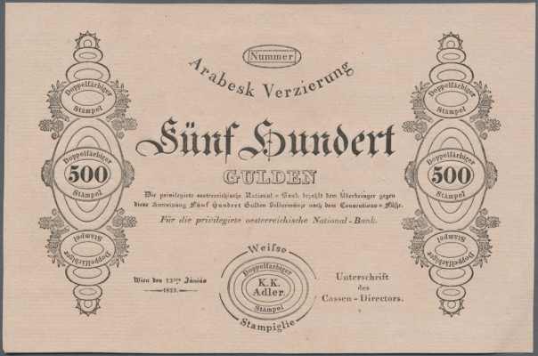 Austria: 500 Gulden 1825 P. A66b FORMULAR, one corner dint at lower right, 2 ver...