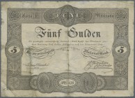 Austria: 5 Gulden 1833 P. A68a, rare issue, strong center fold, stained paper, paper thinning at lower left but no large damages, not repaired, condit...