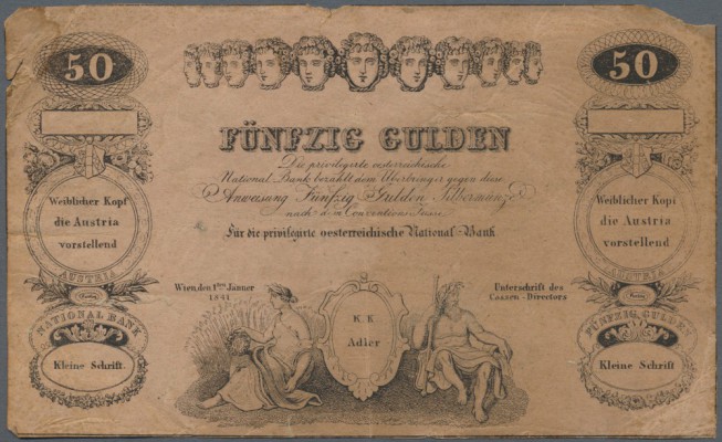 Austria: 50 Gulden 1841 P. A72b FORMULAR, used with center fold, corners are wor...