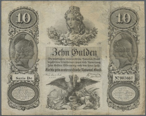 Austria: 10 Gulden 1854 P. A83, highly rare issue, used with 3 strong vertical a...