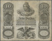 Austria: 10 Gulden 1854 P. A83, highly rare issue, used with 3 strong vertical and one horizontal fold, several small border tears, staining on back, ...
