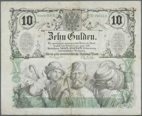 Austria: 10 Gulden 1863 P. A89, horizontal and vertical fold, 4 repaired 5mm bor...