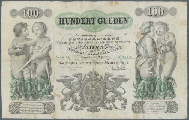 Austria: 100 Gulden 1863 P. A90, highly rare and large size note, 3 vertical and...