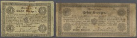 Austria: set of 2 notes containing 6 Kreuzer 1849 P. A91 (VG to F-) and 10 Kreuzer 1849 P. A92a (VG to F-), both notes stained, the 6 Kreuzer has a la...