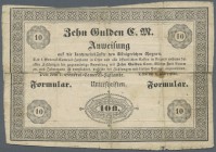 Austria: 10 Gulden 1849 P. 109b, strong used, 3 vertical and 1 horizontal strong fold, stained paper, fixed on back with 2 parts of tape, rare item in...