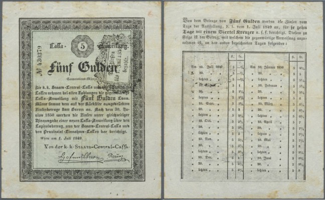 Austria: 5 Gulden 1849 P. A121a, highly rare issue, stamped on front, light stai...