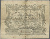 Austria: 10 Gulden 1851 P. A136a, strong used, several folds and creases, center hole, border tears, fixed with 4 large parts of transparent tape on b...