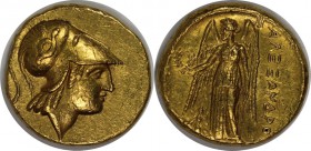 Griechische Münzen, MACEDONIA. Alexander III. der Große, 336-323 v.Chr. AV-Stater, Gold. 8.52 g. 21.5 mm. Vs.: Kopf der Athena mit Helm n. r. Rs: Nike...