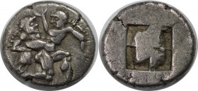 Griechische Münzen, Thrakische Inseln - Thasos. AR Drachm (ca 500-463 v.Chr.), Satyr Vortritt rechts, Durchführung protestierender Nymphe / Quadripart...