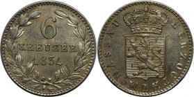 Altdeutsche Münzen und Medaillen, NASSAU. Wilhelm (1816-1839). 6 Kreuzer 1834. Billon. KM #53. AKS 47. Stempelglanz