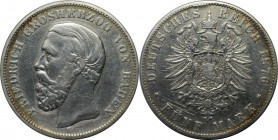 Deutsche Münzen und Medaillen ab 1871, REICHSSILBERMÜNZEN, Baden. 5 Mark 1876 G, Silber. Jaeger 27. Schön. Kratzer.