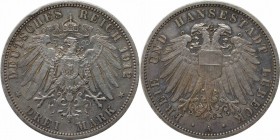 Deutsche Münzen und Medaillen ab 1871, REICHSSILBERMÜNZEN, Lübeck. 3 Mark 1912 A, Silber. Jaeger 82. Vorzüglich, schöne Patina, kl. Randfehler, Kratze...