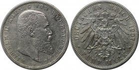 Deutsche Münzen und Medaillen ab 1871, REICHSSILBERMÜNZEN, Württemberg, Wilhelm II (1891-1918). 5 Mark 1907 F, Silber. Jaeger 176. Sehr schön