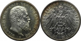 Deutsche Münzen und Medaillen ab 1871, REICHSSILBERMÜNZEN, Württemberg. Wilhelm (1891-1918). 3 Mark 1914 F, Silber. Jaeger 175. Vorzüglich-stempelglan...