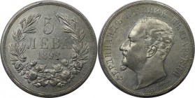 Europäische Münzen und Medaillen, Bulgarien / Bulgaria. Ferdinand I. 5 Leva 1892, Silber. 0.72 OZ. KM 15. Vorzüglich