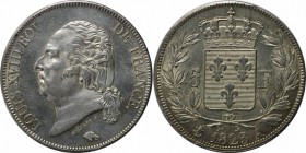 Europäische Münzen und Medaillen, Frankreich / France. France-Kingdom-Louis XVIII (1814-1815-1824). 5 Francs 1823 A, Head left / Crrowned arms within ...