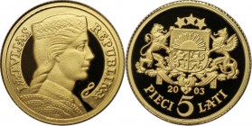 Europäische Münzen und Medaillen, Lettland / Latvia. 5 Lati 2003, 0.999 Gold. 1.24g. KM 59. Polierte Platte mit Kapsel
