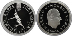 Europäische Münzen und Medaillen, Norwegen / Norway. Olympiade Lillehammer - Eistanz Eiskunstlauf. 100 Kroner 1993, Silber. 1 OZ. KM 450. Polierte Pla...