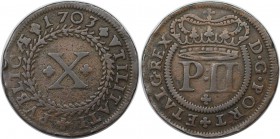 Europäische Münzen und Medaillen, Portugal. 10 Reis 1703, Kupfer. KM 168. Sehr schön