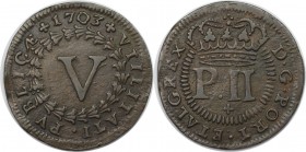 Europäische Münzen und Medaillen, Portugal. 5 Reis 1703, Kupfer. KM 167. Sehr schön-vorzüglich