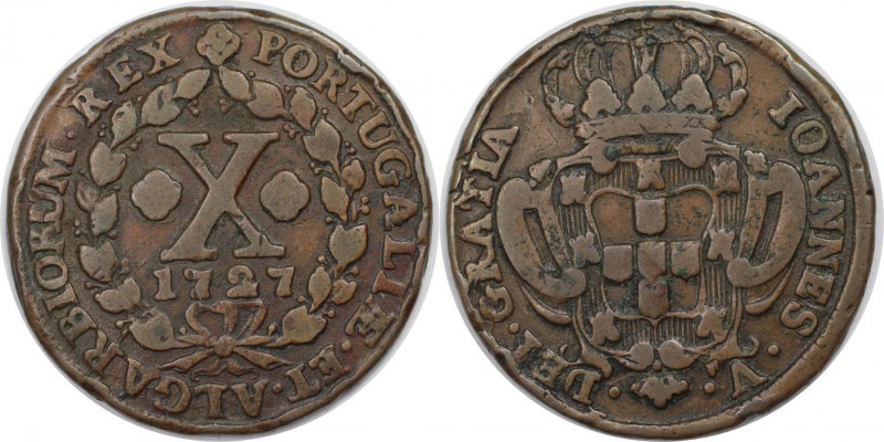 Europäische Münzen und Medaillen, Portugal. 10 Reis 1727, Kupfer. KM 217. Sehr s...