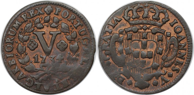 Europäische Münzen und Medaillen, Portugal. 5 Reis 1734, Kupfer. KM 216. Sehr sc...