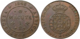 Europäische Münzen und Medaillen, Portugal. PORTUGIESISCHE BESITZUNGEN. ANGOLA. 1/2 Macuta 1848, Kupfer. KM 56. Sehr schön-vorzüglich