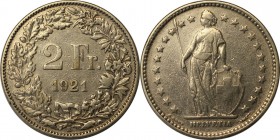 Europäische Münzen und Medaillen, Schweiz / Switzerland. Stehende Helvetia. 2 Franken 1921 B, Silber. Vorzüglich