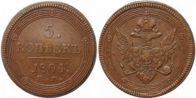 Russische Münzen und Medaillen, Alexander I. (1801-1825). 5 Kopeek 1804 EM, Gekrönter doppelköpfiger Reichsadler in Kreisen / Wert innerhalb von Kreis...